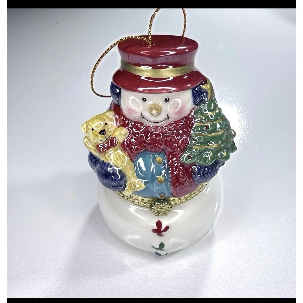 Vintage Mr Christmas Porcelain Musical Snowman Hinged Trinket Box W/ Skaters